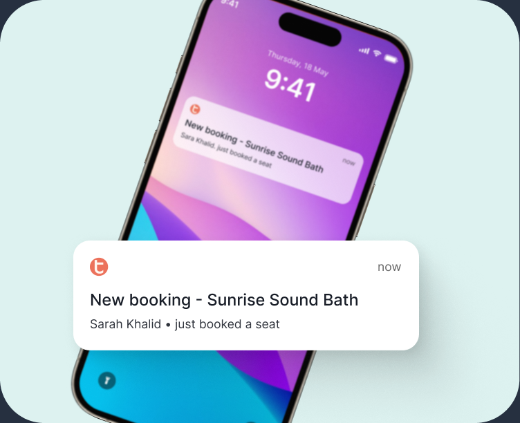 Phone lock screen with a Telme notification: New booking - Sunrise Sound Bath, Sarah Khalid just booked a seat