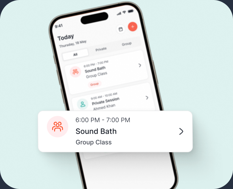 Today's schedule showing a Sound Bath group class next to a private session