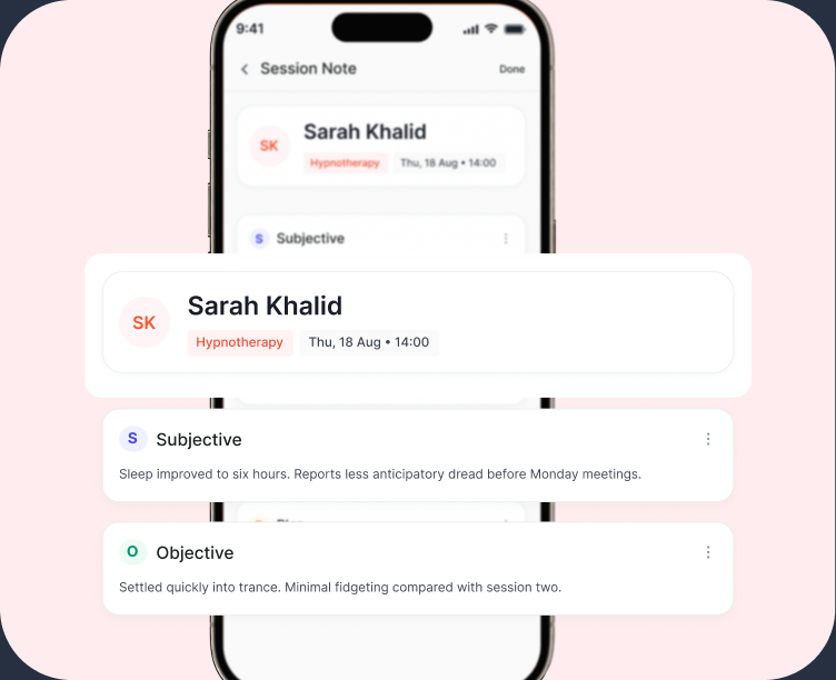 Session note screen in SOAP format, partially filled